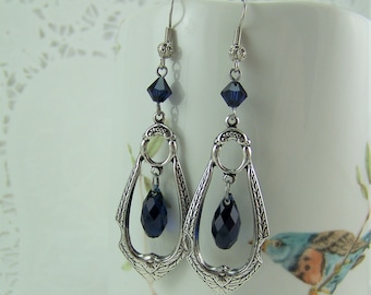 Pendant Earrings, Indigo Blue Earrings, Crystal Teardrop Earrings, Silver Hoop Earrings, Victorian Pendant Earrings, Scroll Design Earrings,