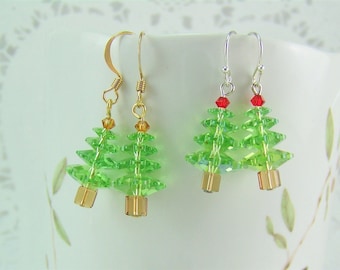 Crystal Tree Earrings, Christmas Tree Earrings, Peridot Crystals, Holiday Tree Earrings, Peridot Crystal Earring, Pine Tree Earrings