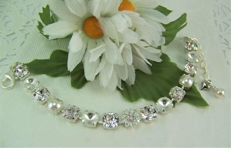 White Crystal Bracelet, White Pearl Bracelet, Crystal Opal, Austrian Crystal Bracelet, White Opal Flower Bridal Jewelry, 8mm Tennis Bracelet zdjęcie 8
