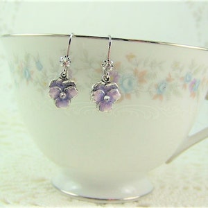 Pansy Earrings, Purple Pansies, Flower Earrings, Enameled Flower Earrings, Lavender Pansy Earrings, Pansy Drops, Cloisonne Pansy image 4