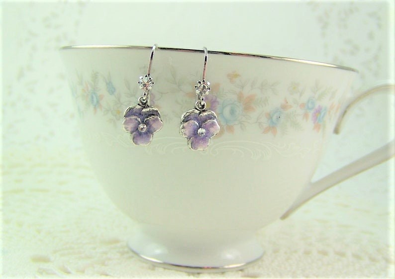 Pansy Earrings, Purple Pansies, Flower Earrings, Enameled Flower Earrings, Lavender Pansy Earrings, Pansy Drops, Cloisonne Pansy image 4