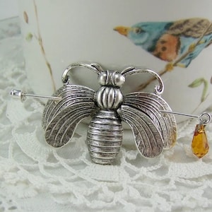 Silver Honeybee Shawl Pin: Antiqued Bee Brooch with Topaz Drop