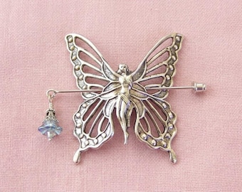Butterfly pin, Silver fairy pin,Shawl pin, Scarf pin, Sweater pin, Winged fairy pin, Fairy shawl pin, Silver butterfly pin, Butterfly fairy