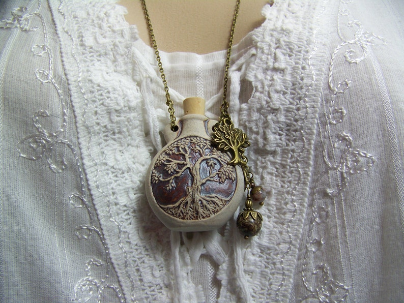 Tree of Life Necklace, Bottle Necklace, Tree of Life Flask, Bronze Tree of Life, Vessel Necklace, Flask, Perfume Oil Necklace, Ash Urn image 3