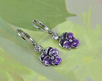 Pansy Earrings, Deep Purple Pansies, Flower Earrings, Cloisonne Pansy, Enameled Pansy, Purple Pansy Earrings, Cloisonne Earrings, Violets