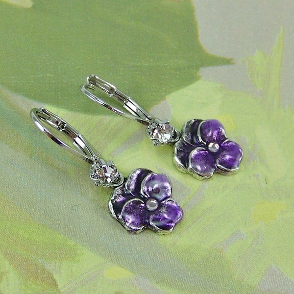 Pansy Earrings, Deep Purple Pansies, Flower Earrings, Cloisonne Pansy, Enameled Pansy, Purple Pansy Earrings, Cloisonne Earrings, Violets