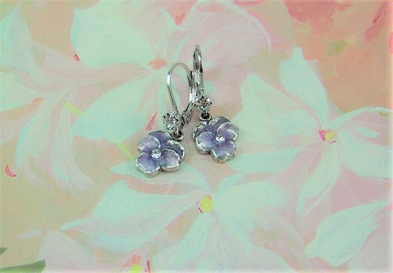 Pansy Earrings, Purple Pansies, Flower Earrings, Enameled Flower Earrings, Lavender Pansy Earrings, Pansy Drops, Cloisonne Pansy image 6