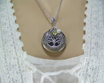 Tree of Life Locket, Olive Crystal Pearl, White Czech Flower Charm, Silver Tree Locket, Keepsake Locket, Photo Locket, Family Tree