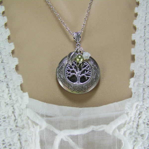 Tree of Life Locket, Olive Crystal Pearl, White Czech Flower Charm, Silver Tree Locket, Keepsake Locket, Photo Locket, Family Tree