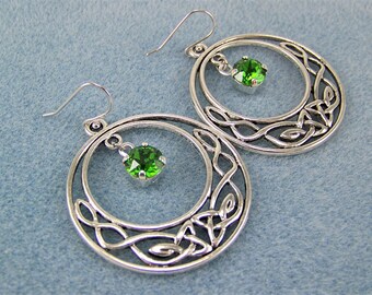 Celtic Knot Earrings, Green Crystal Earrings, Fern Green Crystal, Silver Hoops, Irish Earrings, Eternity Earrings, Love Earrings, Knots