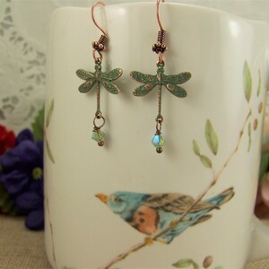 Verdigris Dragonfly Earrings, AB Crystal Dangle Earrings, Dragonfly earrings, Crystal Dragonflies, Damselflies, Copper Verdigris Earrings bild 5