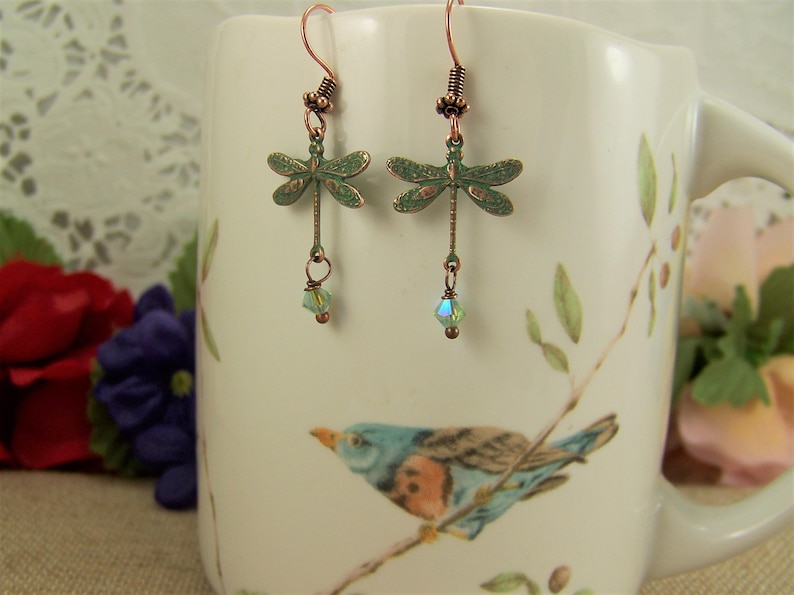 Verdigris Dragonfly Earrings, AB Crystal Dangle Earrings, Dragonfly earrings, Crystal Dragonflies, Damselflies, Copper Verdigris Earrings bild 5