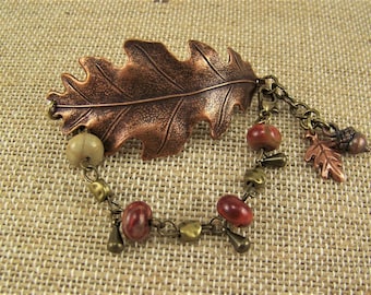 Oak Leaf Bracelet, Copper Oak Leaf, Beaded Leaf Bracelet, Acorn Bracelet, Leaf Cuff Bracelet, Jasper Cuff Bracelet, Copper Leaf Bracelet