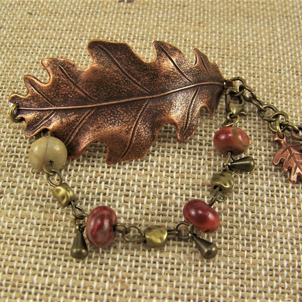 Oak Leaf Bracelet, Copper Oak Leaf, Beaded Leaf Bracelet, Acorn Bracelet, Leaf Cuff Bracelet, Jasper Cuff Bracelet, Copper Leaf Bracelet