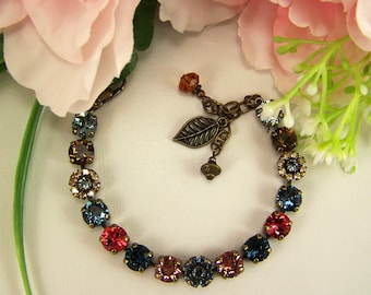 8mm genuine Austrian Crystal Bracelet, Crystal Flower Bracelet: Antique Gold, Topaz & Aquamarine, Tennis Bracelet