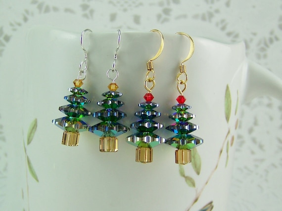Pine tree Earrings, Crystal Tree Earrings, Vitrial Crystal Earrings, Christmas Tree Earrings, Green Margarita Crystals, Holiday Earrings