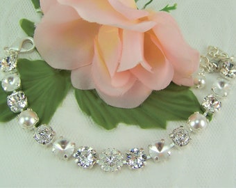 White Crystal Bracelet, White Pearl Bracelet, Crystal Opal, Austrian Crystal Bracelet, White Opal Flower Bridal Jewelry, 8mm Tennis Bracelet