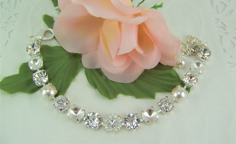 White Crystal Bracelet, White Pearl Bracelet, Crystal Opal, Austrian Crystal Bracelet, White Opal Flower Bridal Jewelry, 8mm Tennis Bracelet zdjęcie 1