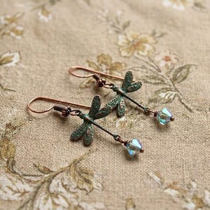 Verdigris Dragonfly Earrings, AB Crystal Dangle Earrings, Dragonfly earrings, Crystal Dragonflies, Damselflies, Copper Verdigris Earrings