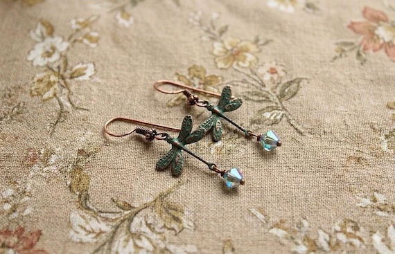 Verdigris Dragonfly Earrings, AB Crystal Dangle Earrings, Dragonfly earrings, Crystal Dragonflies, Damselflies, Copper Verdigris Earrings