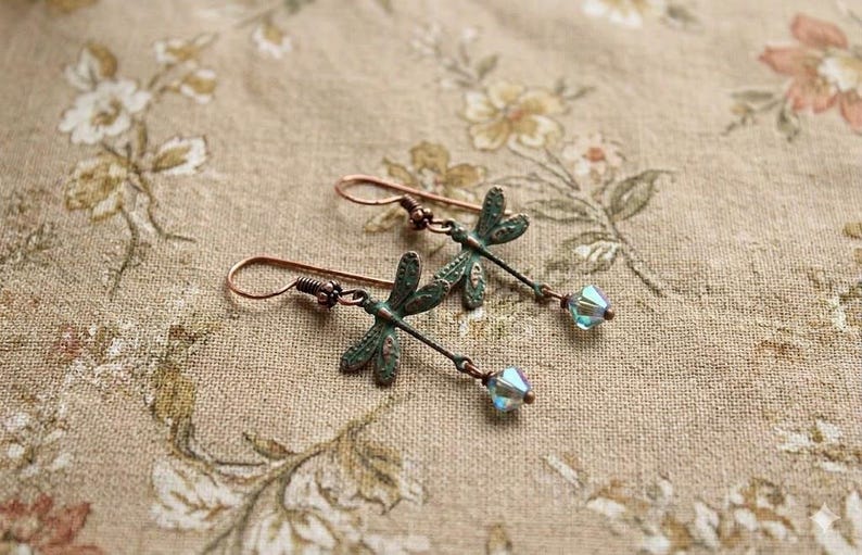 Verdigris Dragonfly Earrings, AB Crystal Dangle Earrings, Dragonfly earrings, Crystal Dragonflies, Damselflies, Copper Verdigris Earrings bild 1