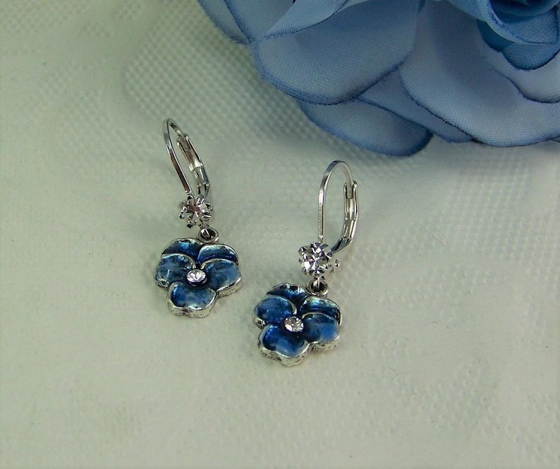 Pansy Earrings Blue Pansy Earrings Crystal Pansies Flower Etsy
