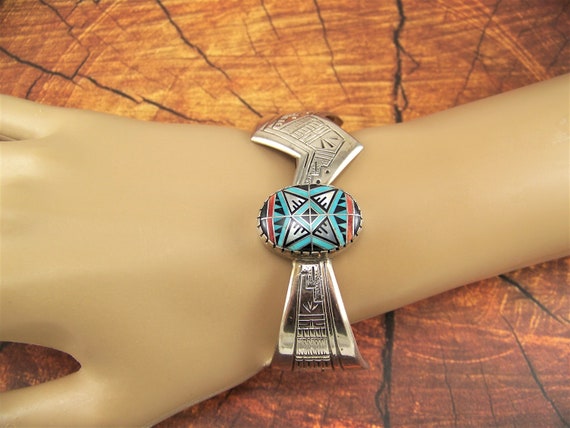 Eyecatching Vintage Native American Zuni Blue Gem Turquoise Coral Jet Sterling Silver Bracelet Eyecatching Vintage Native American Zuni Blue Gem Turquoise Coral Jet Sterling Silver Bracelet