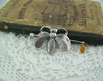 Honeybee Pin, Shawl Pin, Scarf Pin, Sweater Pin, Silver Brooch, Honeybee Brooch, Silver Bee Pin, Stick Pin, Honeybee Stick Pin, Topaz Drop