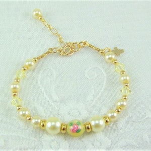 Baby Girl Bracelet, Yellow Pearl Bracelet, Rose Flower Bracelet, Baptism Bracelet, Infant Bracelet, Shower Gift, Baby Bracelet, Baby Gift