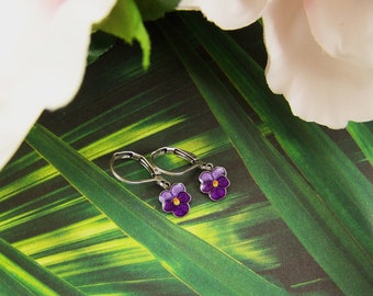 Pansy Earrings, Purple Pansies, Cloisonne Pansy Earrings, Pansy Petal Earrings, Pansy Flower Earrings, Hand Enameled Earrings