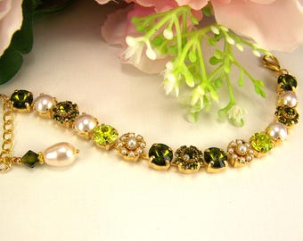 Citrine and Pearl Bracelet, Olive Crystal Bracelet, Pearl Flower Bracelet, Tennis Bracelet, Austrian Crystal Bracelet, Pearl drop bracelet