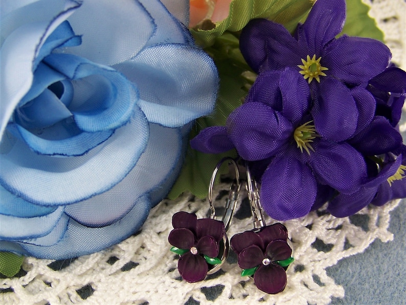 Violet Flower Earrings, Dark Purple Violet Earrings, Pansy Earrings, Violet Earrings, Purple Violet Flowers, Silver Violet Pierced Earrings image 2