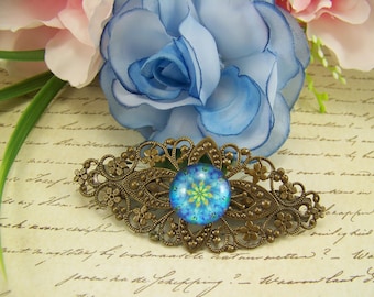 Bronze Filigree Barette, Medallion Hair Barrette, Filigree Hair Barrette, Kaleidoscope Glass Barrette, Lightweight Hair Clasp, French Clip