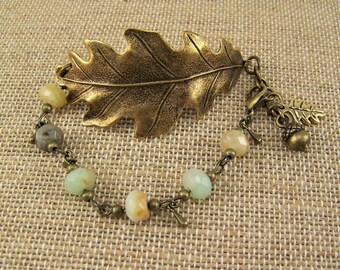 Oak Leaf Bracelet, Bronze Oak Leaf, Beaded Leaf Bracelet, Acorn Bracelet, Leaf Cuff Bracelet, Beaded Cuff Bracelet, Jasper Leaf Bracelet