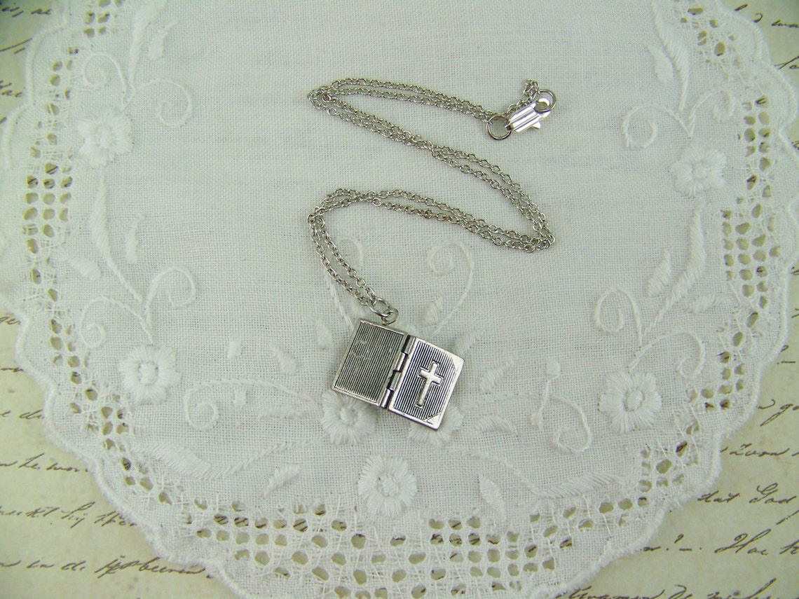 Bible Locket First Communion Necklace Cross Locket | Etsy