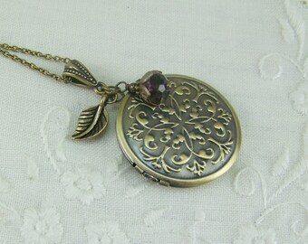 Bronze embossed locket, Amethyst locket, Scrolled design locket, Brushed oxidized gold locket, Amethyst crystal, February birthstone, Locket