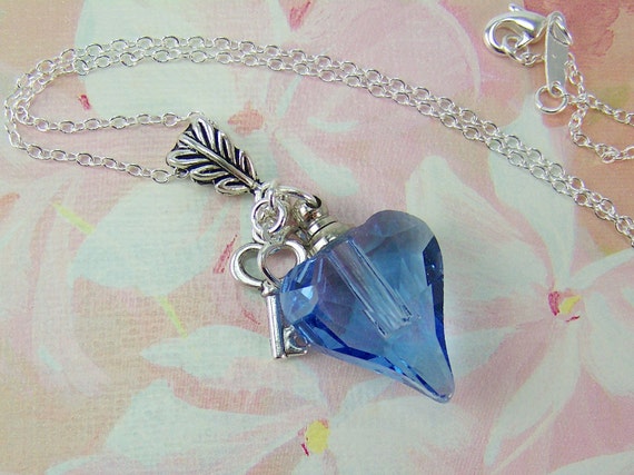 Glass Heart Vial Necklace, Blue Heart Necklace, Perfume Necklace