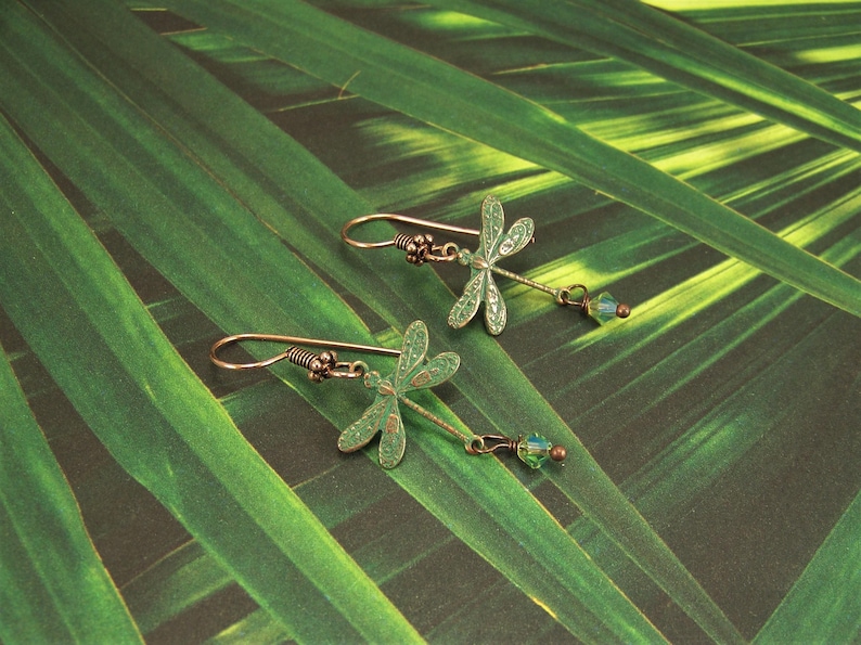 Verdigris Dragonfly Earrings, AB Crystal Dangle Earrings, Dragonfly earrings, Crystal Dragonflies, Damselflies, Copper Verdigris Earrings bild 7