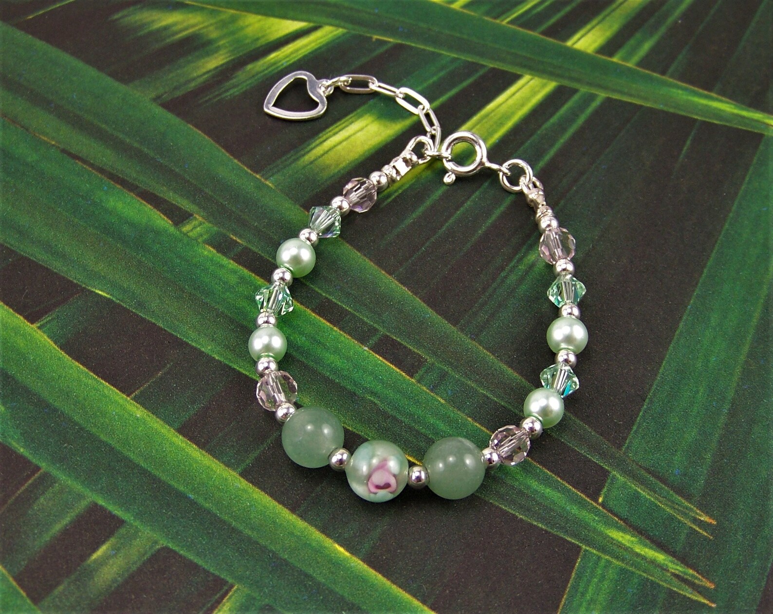 Baby Girl Bracelet Green Crystal Bracelet Rose Lampwork Etsy