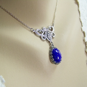 Lapis Lazuli Necklace, Lapis Necklace, Flower Accented Lapis Lazuli, Oval Faux Lapis, Blue Lapis Lazuli Necklace, Lapis Pendant, Cobalt Blue