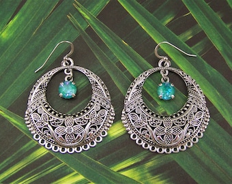 Silky Sage Earrings, Chandelier Hoop Earrings, Iridescent Green Crystal, Blue-green Bohemian Drops, Filigree Earrings, Silver Hoop Earrings