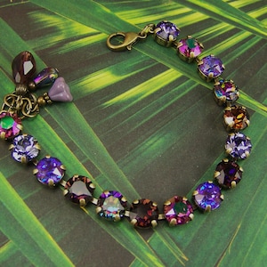 Pulsera de cristal austriaco auténtico de 8 mm, pulsera de cristal de tanzanita, ciruela y amatista, pulsera de tenis de bronce, pulsera de cristal estilo Mariana