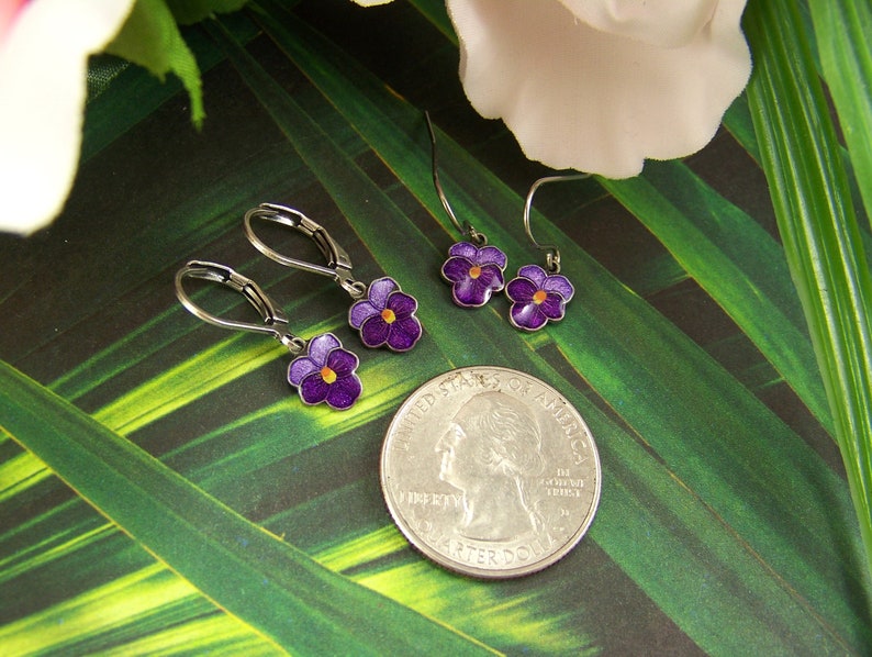 Pansy Earrings, Purple Pansies, Cloisonne Pansy Earrings, Pansy Petal Earrings, Pansy Flower Earrings, Hand Enameled Earrings image 6