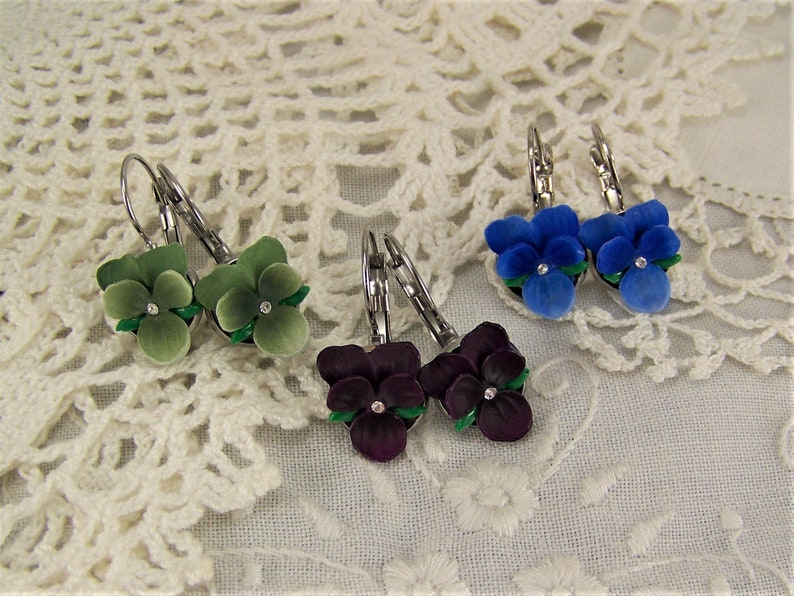Violet Flower Earrings, Dark Purple Violet Earrings, Pansy Earrings, Violet Earrings, Purple Violet Flowers, Silver Violet Pierced Earrings image 8