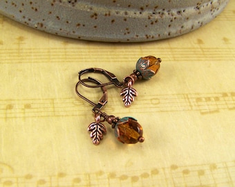 Crystal Acorn Earrings, Verdigris Acorn Earrings, Golden Crystal Earrings, Copper Oak Leaf, Copper Acorn, Acorn Earring, Verdigris Acorn Cap