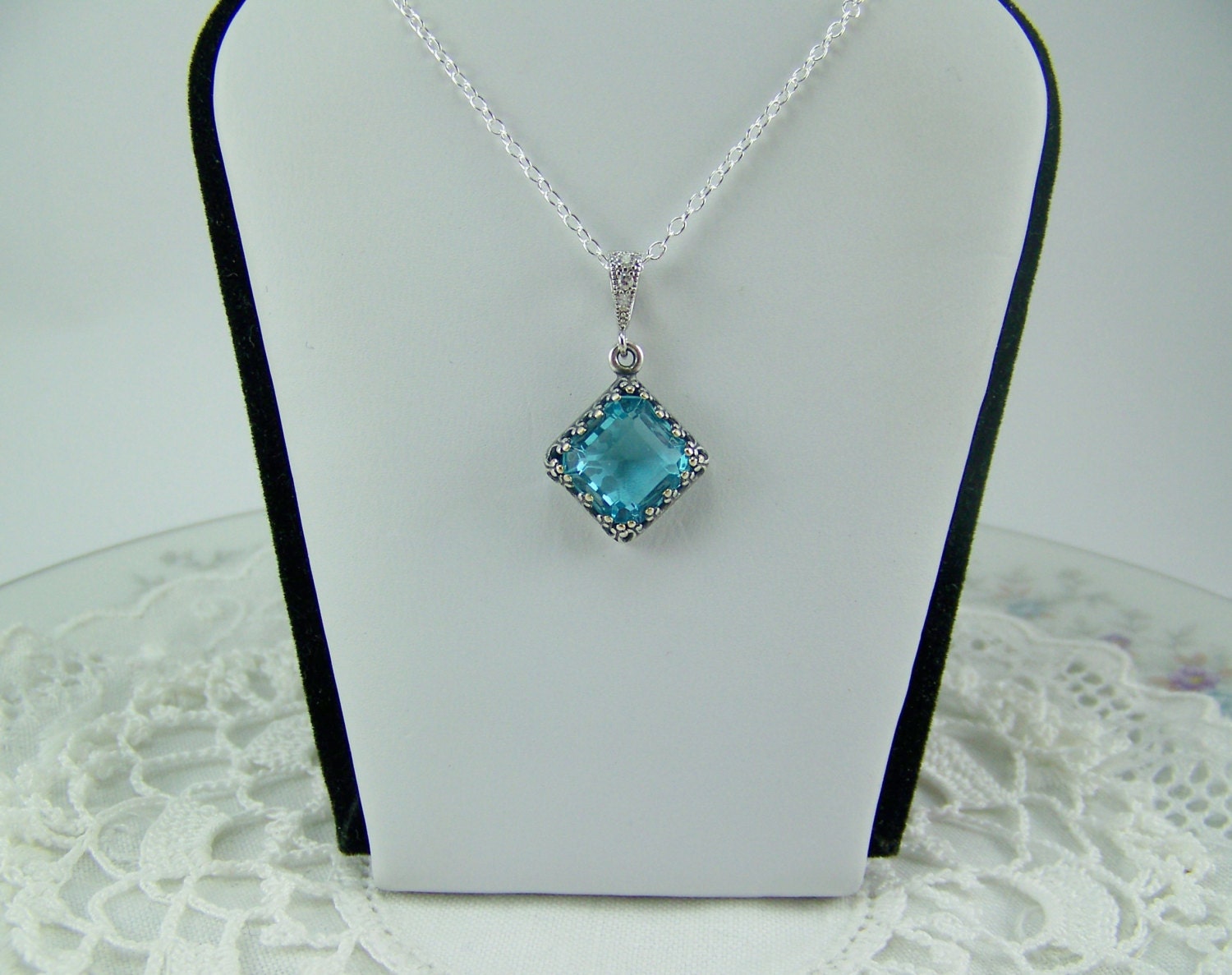 Aquamarine Necklace, March Birthstone, Square Aquamarine