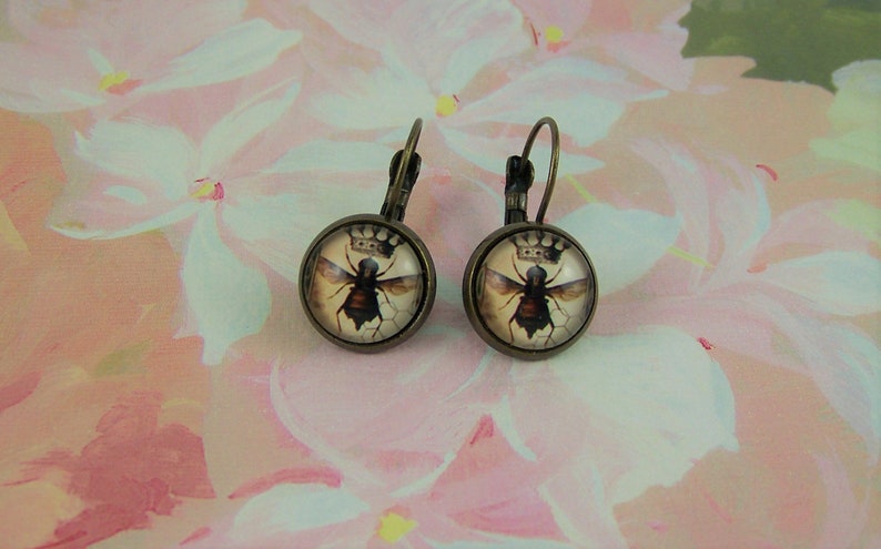 Bronze Bee Earrings Honeybee Bee Collector Earrings Bee Hive Earrings Glass Cabochon Earrings Honeybee Earrings Queen Bee Earrings