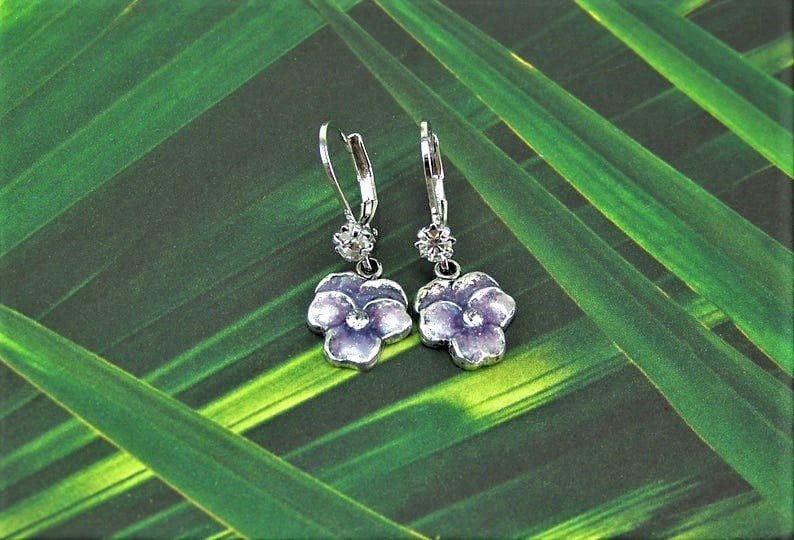 Pansy Earrings, Purple Pansies, Flower Earrings, Enameled Flower Earrings, Lavender Pansy Earrings, Pansy Drops, Cloisonne Pansy image 1