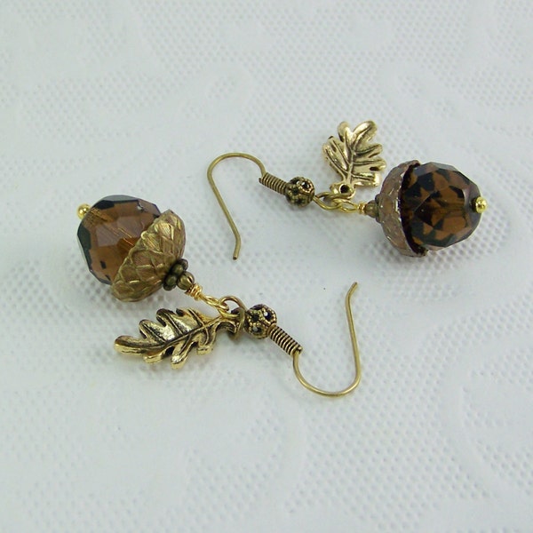 Acorn Earrings, Brown Crystal Acorn Earrings, Gold Oak Leaf Earrings, Good Luck Earrings, Gold Acorn Earrings, Brown Crystal Earrings, Acorn