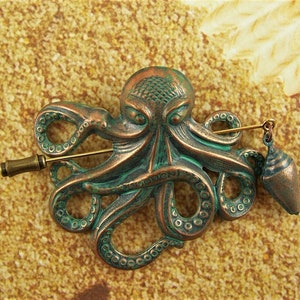 Octopus Pin, Beach Cover Up Pin, Scarf Pin, Verdigris Octopus Shawl Pin, Ocean Pin, Shawl Pin, Octopus, Hair Glide, Boutonniere, Sarong Pin